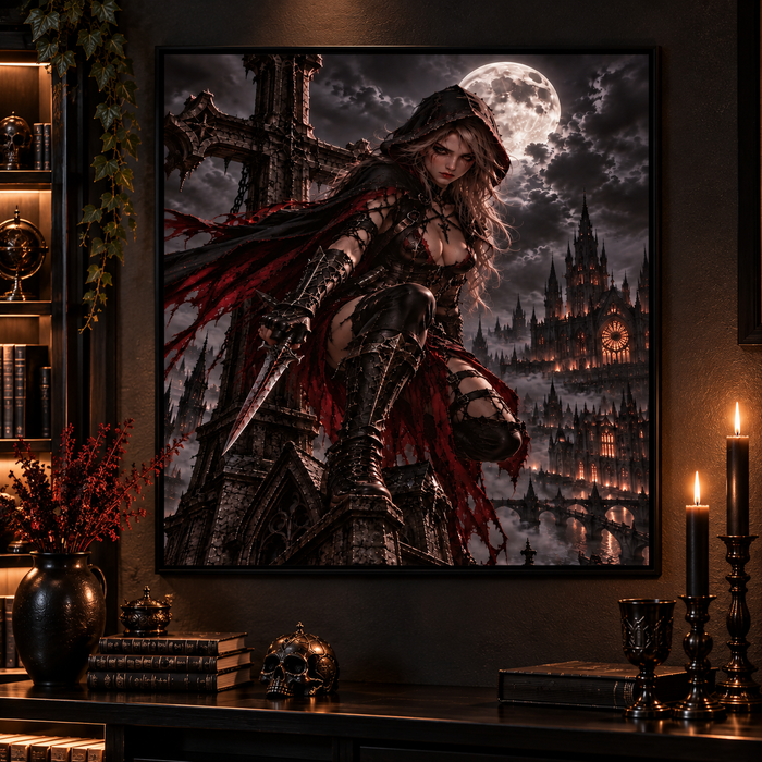 Gothic-Moon-Assassin-Kunstdruck gerahmt an dunkler Wand über einer Kommode mit Kerzen