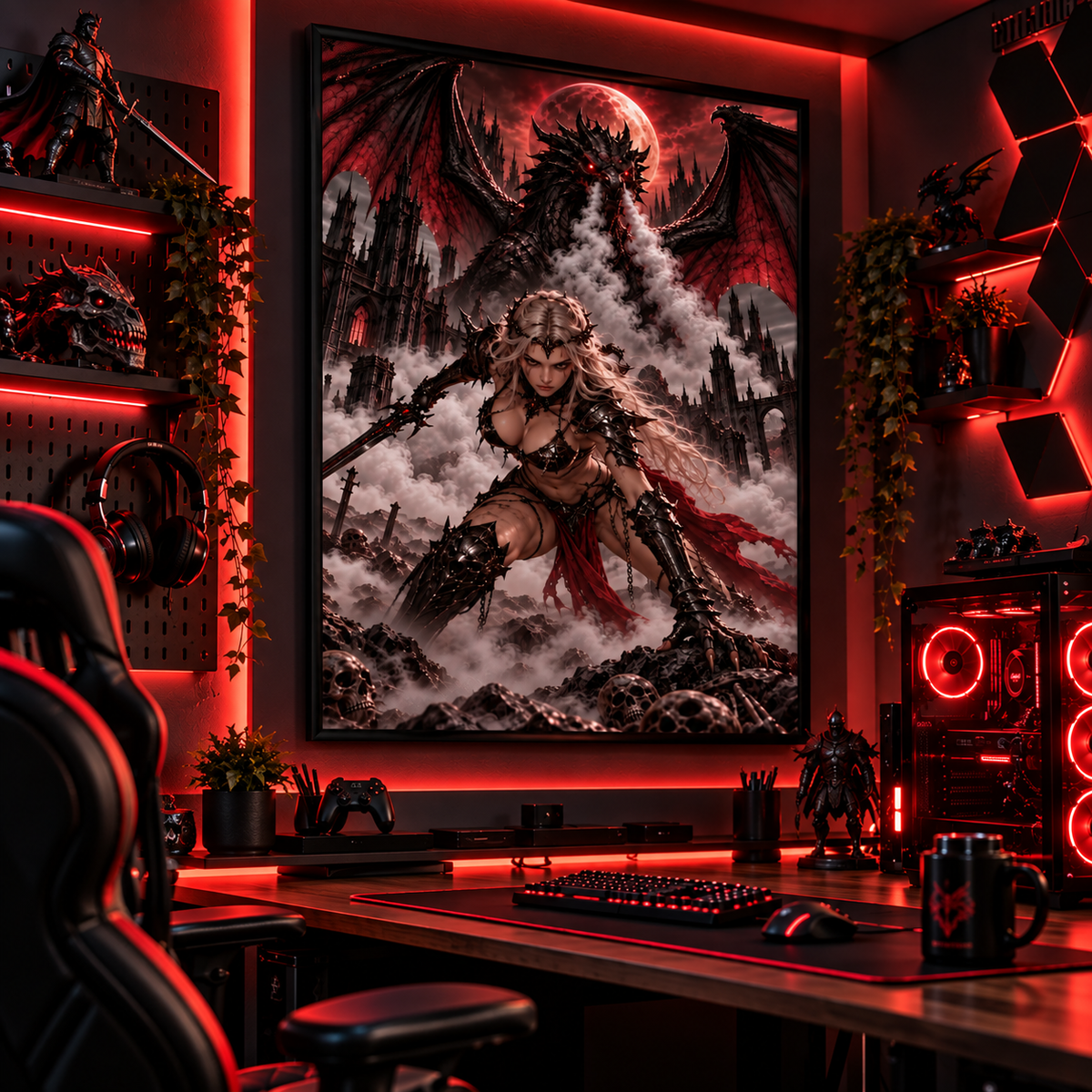 Kriegerin-&-Drache-Wandbild im Gaming-Zimmer mit roter LED-Beleuchtung und PC-Setup