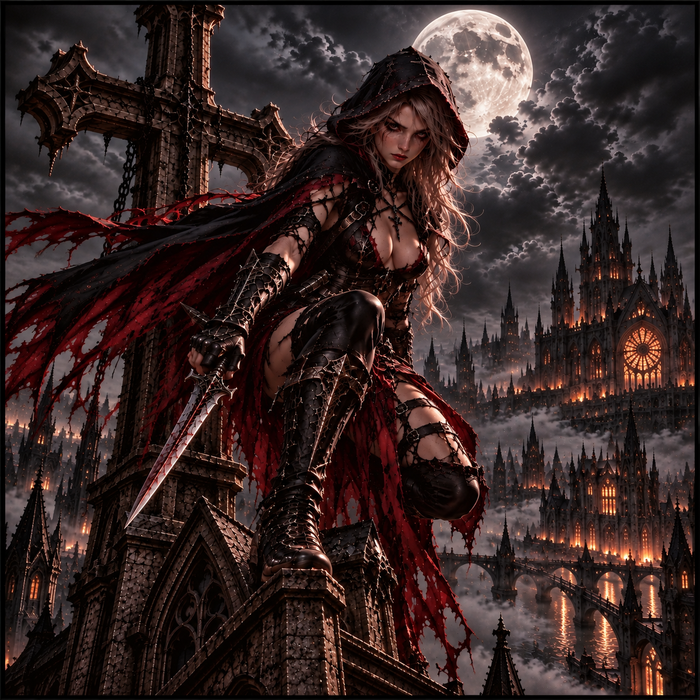 Gothic Moon Assassin: Kriegerin mit roter Kapuze und Schwert auf gotischem Turm vor Vollmond und nächtlicher Stadt