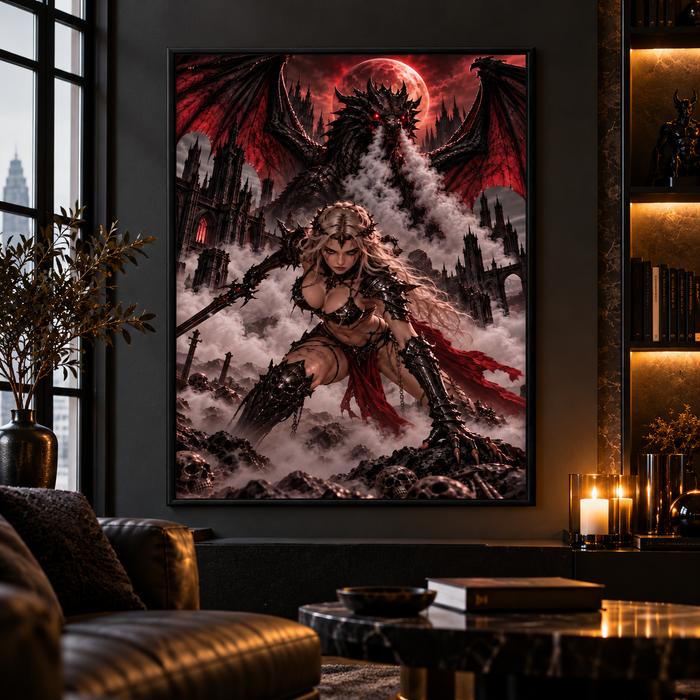 Kriegerin-&-Drache-Kunstdruck gerahmt in dunklem Wohnzimmer mit Ledersessel und Kerzen