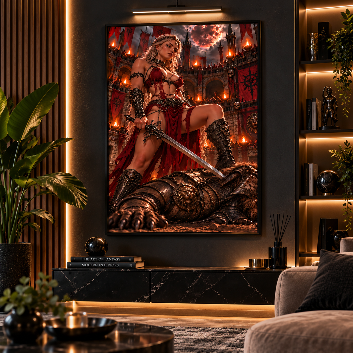 Dark-Fantasy-Warrior-Wandbild im Wohnzimmer mit Bücherregal und Pflanzen