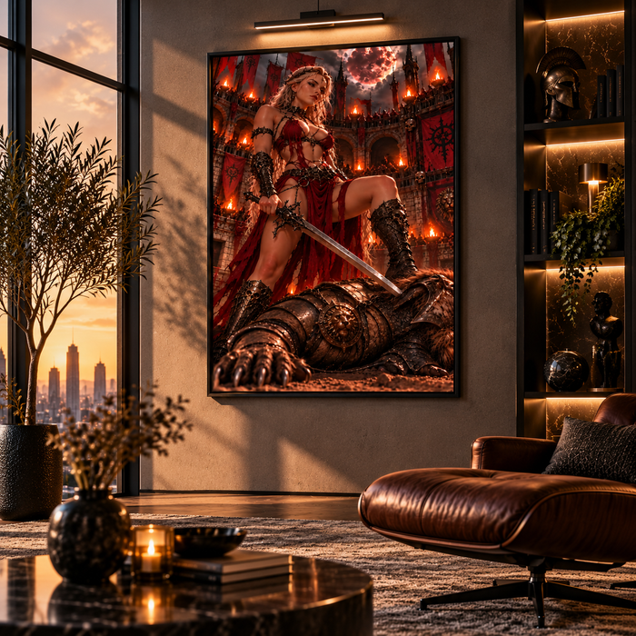 Dark-Fantasy-Warrior-Kunstdruck in Wohnraum mit Ledersessel und Stadtblick bei Sonnenuntergang