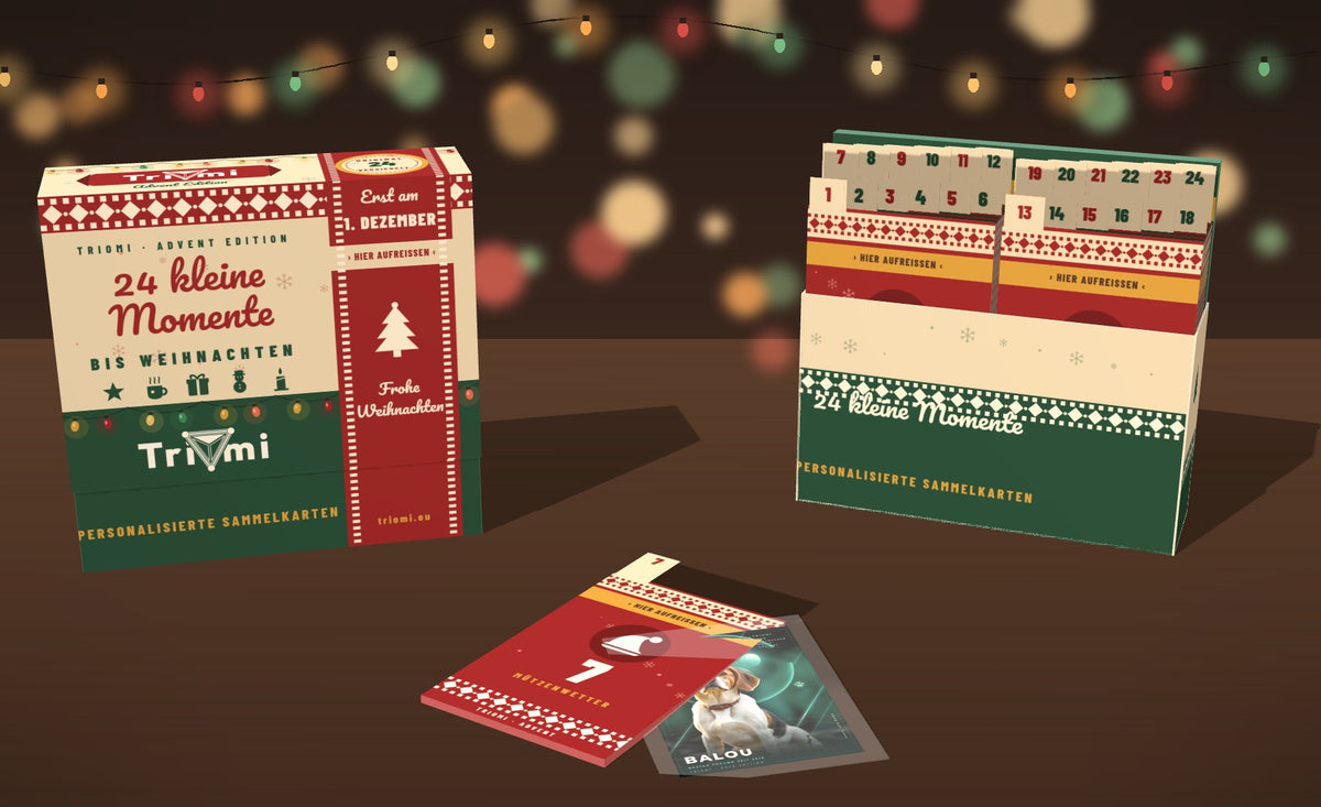 Triomi Advent Edition: versiegelte Box, geöffnete Box mit 24 Booster-Packs und eine Karte im Toploader